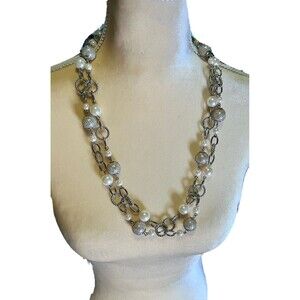 Chunky Stacked Faux Pearl Necklace Silvertone Two Chain and Mesh Covered Pearls